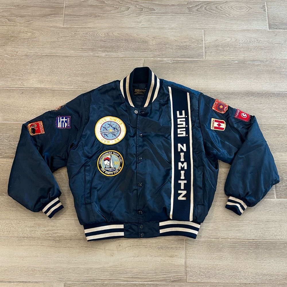 VTG 70’s U.S. Navy USS Nimitz (CVN-68) Satin Bomber Jacket, Size: Large